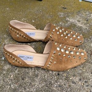 Jimmy Choo Tan Suede Studded Flats with Gold Studs